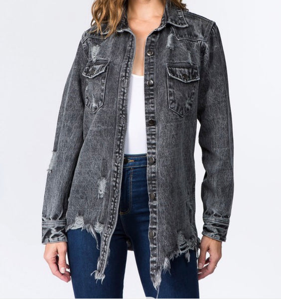 Distressed grey denim shirt jacket