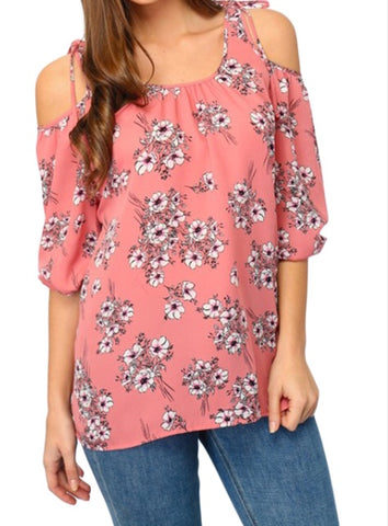 Floral cold shoulder top salmon