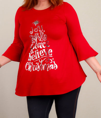 Plus red 3/4 bell sleeve “joy, love, peace” holiday top