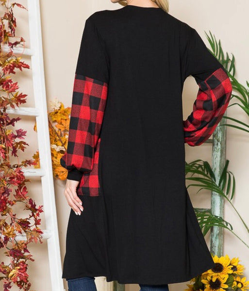 Black cardigan Buffalo plaid sleeves