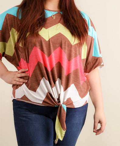 Plus brown and multi color chevron print front tie hem top