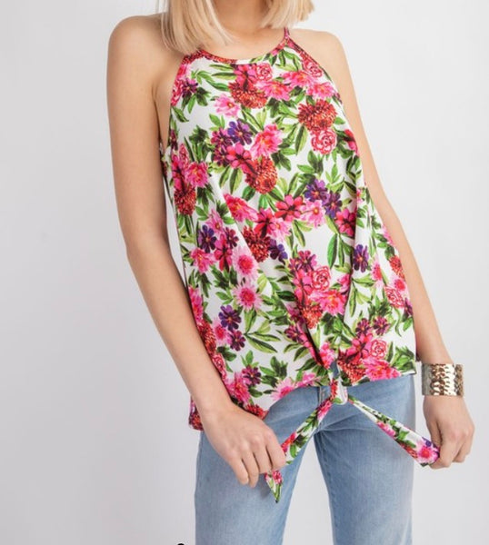 White/pink floral halter neck tank