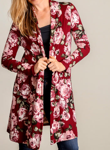 Burgundy floral long sleeve cardigan