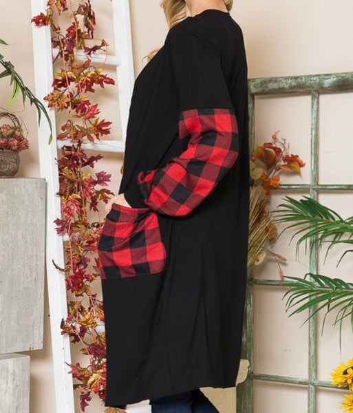 Black cardigan Buffalo plaid sleeves