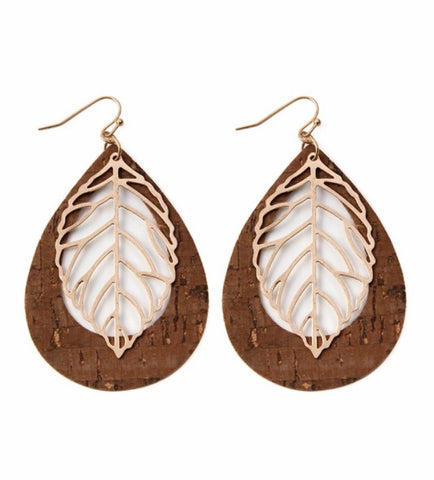 Leaf over cork earrings