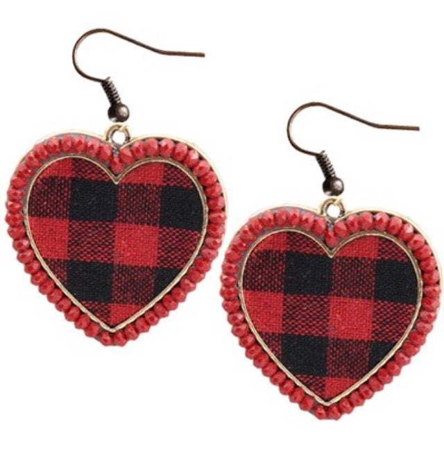 Earrings heart buffalo plaid