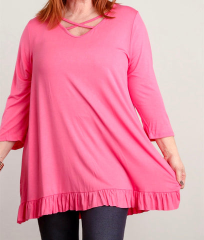 Plus pink tunic with ruffle hem and crisscross neck