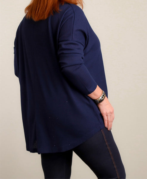 Plus navy thermal knit front tie top