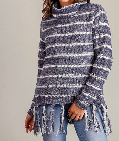 Navy striped thick, cowl sweater with front fringe