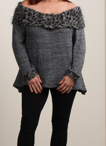 Gray sweater leopard neckline