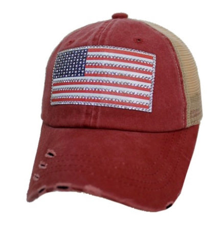 Wine rhinestone flag trucker hat