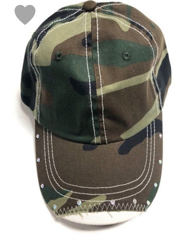 Camo hat with frayed stitching