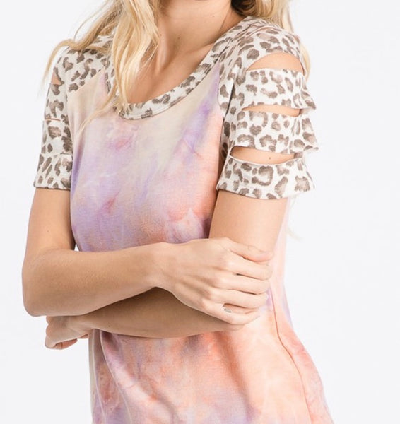 Tie dye leopard sleeve top