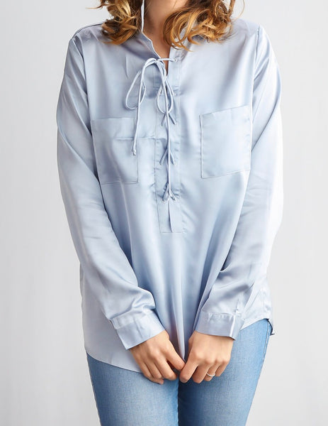 Blue lace-up silky top