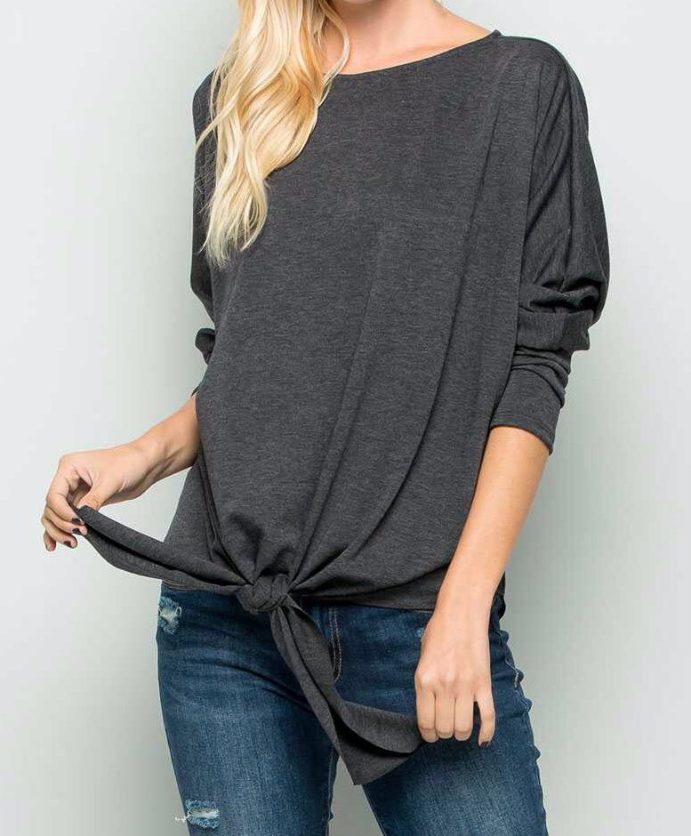 Charcoal french terry front tie top