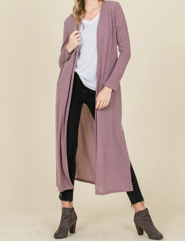 Long ribbed duster cardigan in mauve