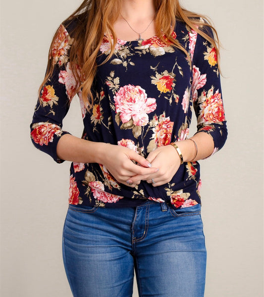 Navy floral front twist top