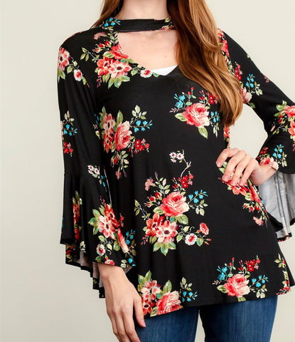 Black floral bell sleeve top with key hole neck