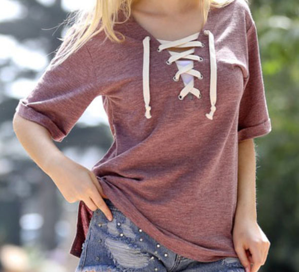 Mauve lace up short sleeve top