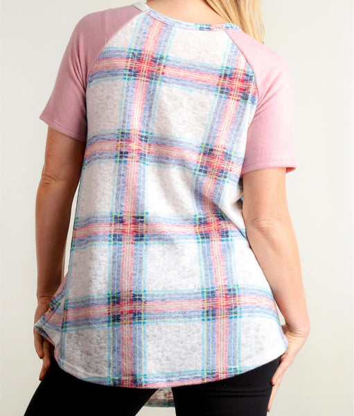 Plus pink & blue plaid short sleeve raglan top