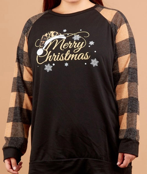 Plus holiday graphic print raglan with plaid sleeves