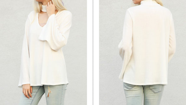 White high neck cutout front bell sleeve knit top