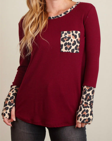 Burgundy animal print pocket thermal top