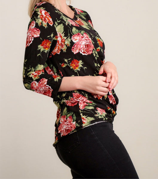 Black floral front twist top