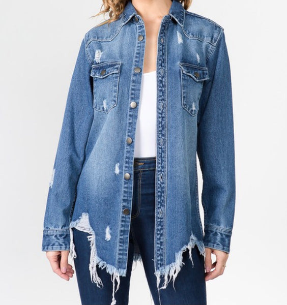 Distressed denim shirt jacket