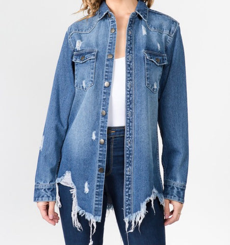 Distressed denim shirt jacket