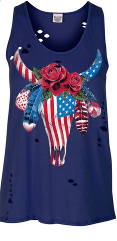 Navy American flag bull skull print tank