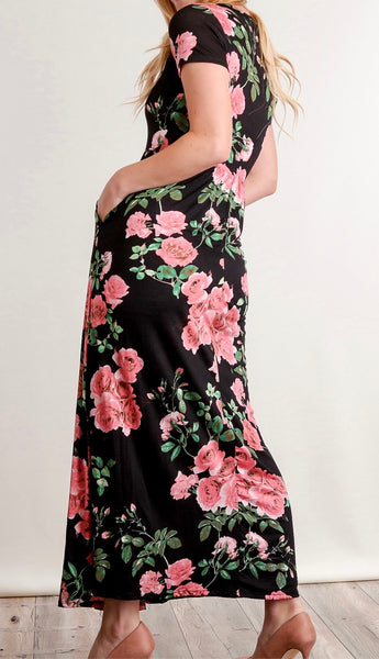 Black/pink floral pocketed maxi dress