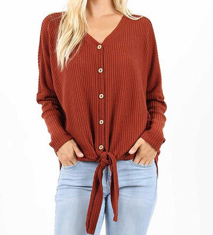 Dark rust waffle knit button down front tie top