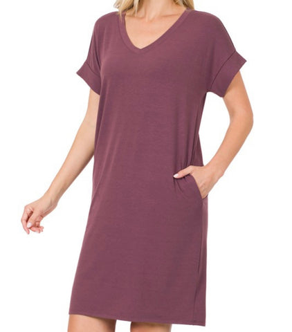 V-neck T-shirt dress eggplant