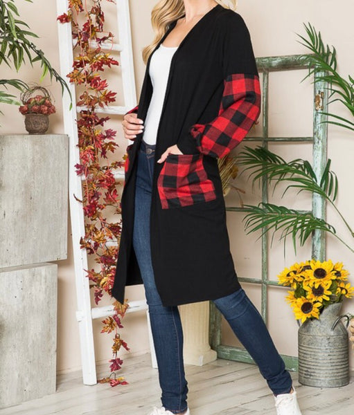 Black cardigan Buffalo plaid sleeves