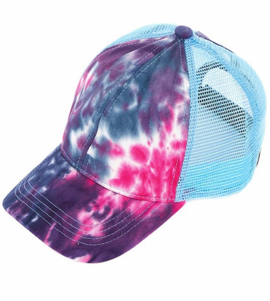 C.C. Tie dyed ponytail trucker hat