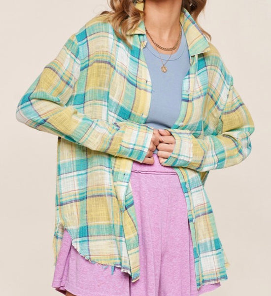 Yellow/teal plaid button down top