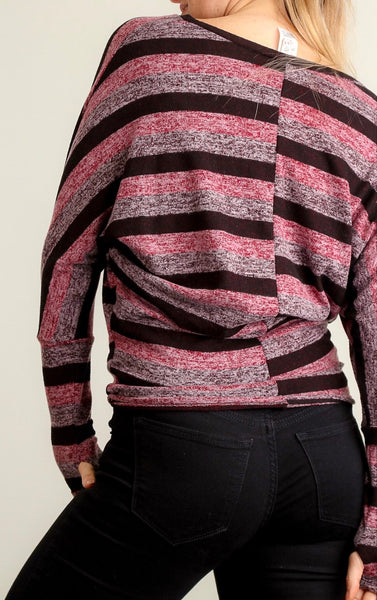 Burgundy & pink marled stripe top