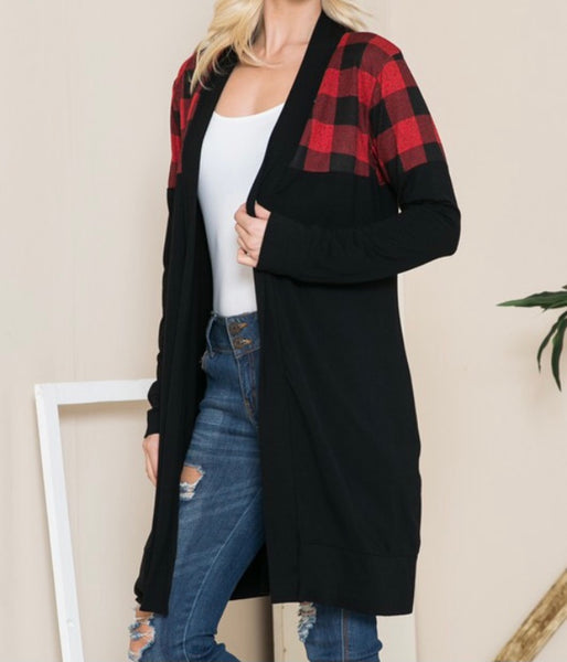 Black cardigan Buffalo plaid shoulder