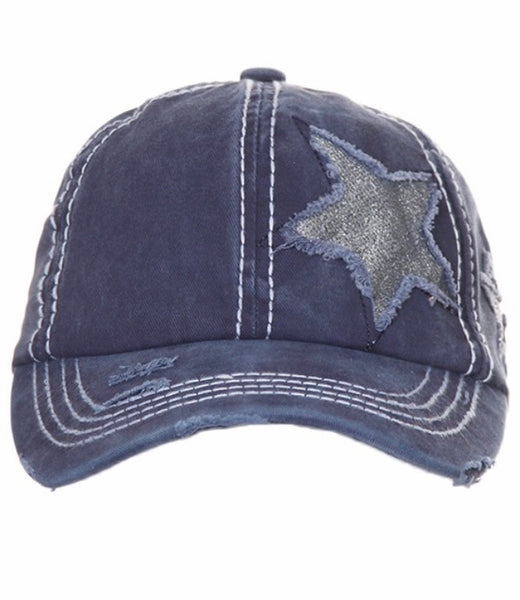 C.C. Navy distressed ponytail hat with glitter stars