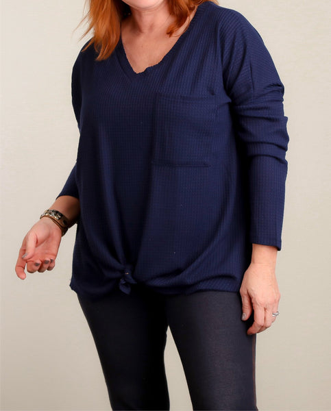 Plus navy thermal knit front tie top