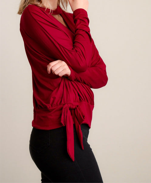 Wine Choker neckline top with side tie detail