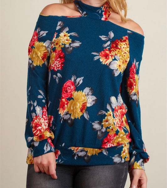 Blue floral choker open shoulder top