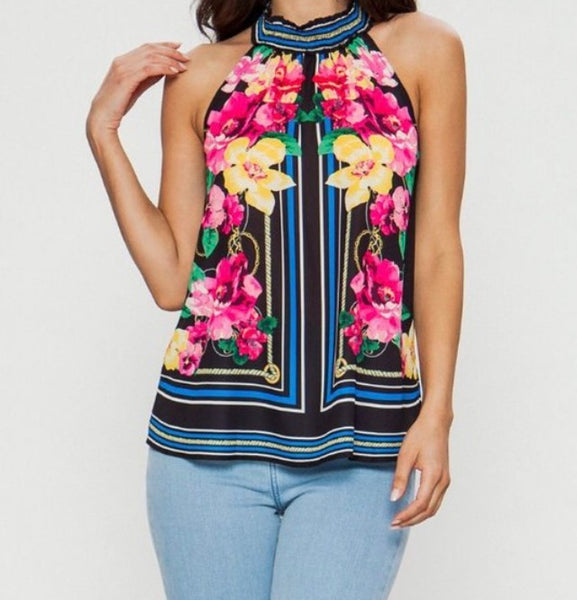 Black floral smocked halter top