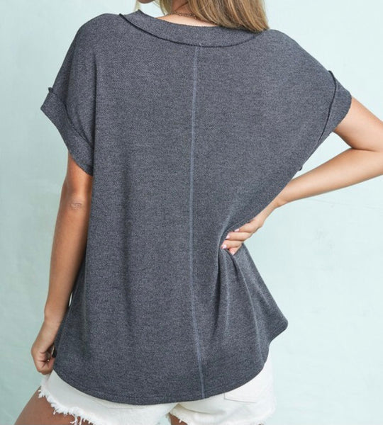 Charcoal v-neck button detail top