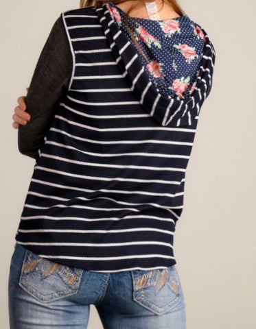 Vest navy striped floral hoodie