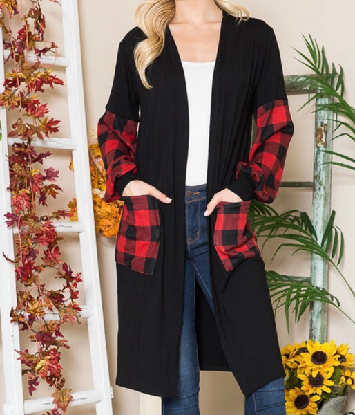 Black cardigan Buffalo plaid sleeves