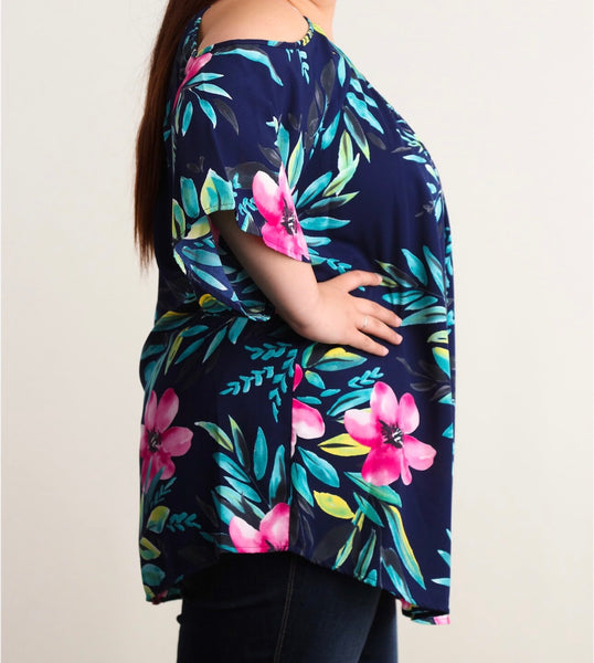 Plus navy floral cold shoulder blouse