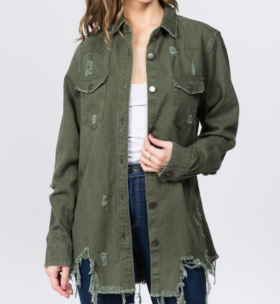 Distressed olive shirt jacket