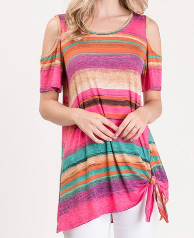 Plus cold shoulder, multi striped top